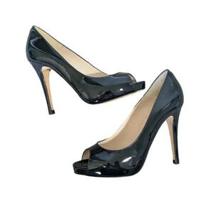 LK Bennett Mina Navy Blue Teal Peep Toe Pumps 37 US 6 Patent Leather Stiletto